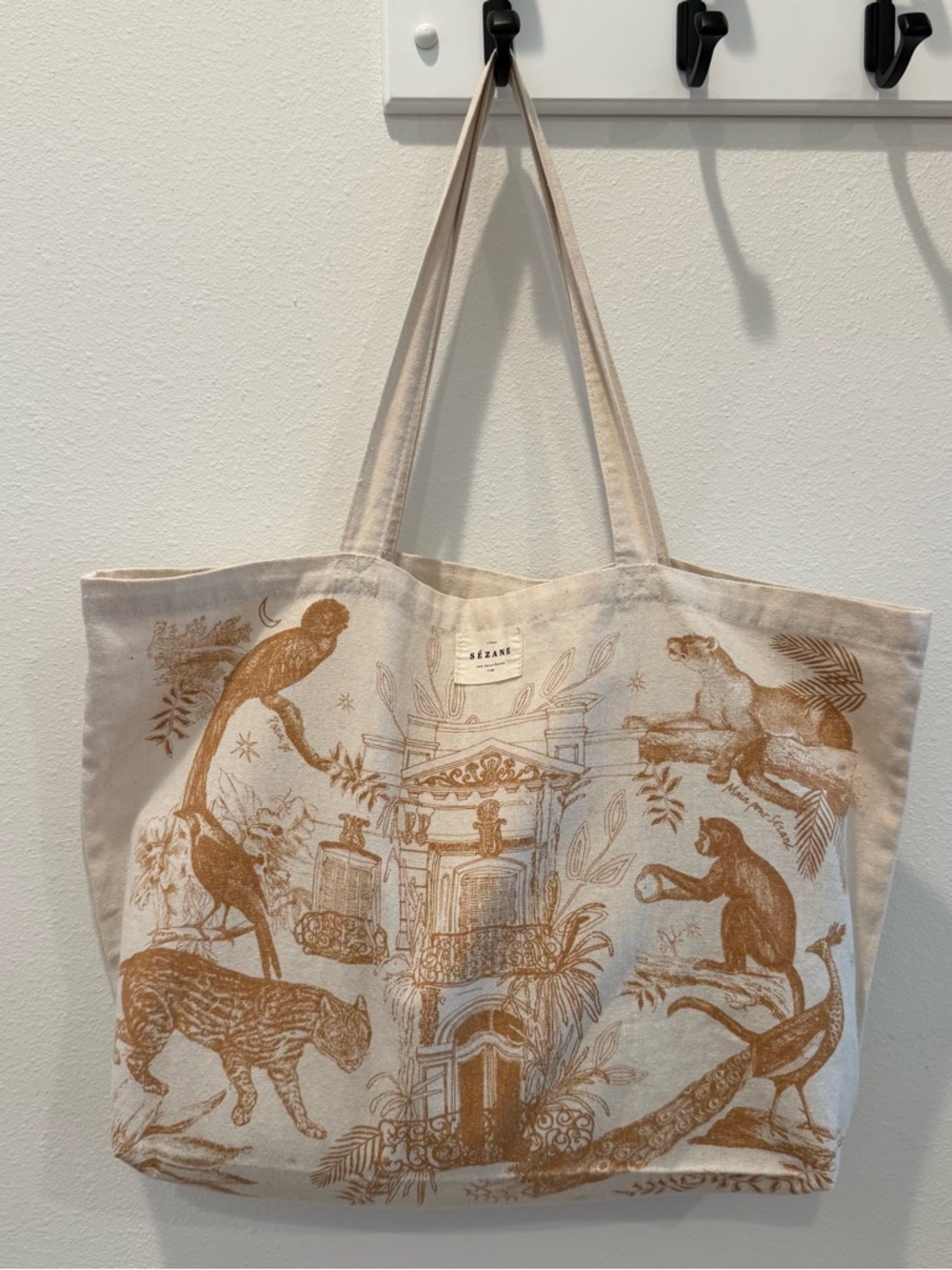 Sezane Beige Canvas Tote with Brown Illustrated Wildlife Print